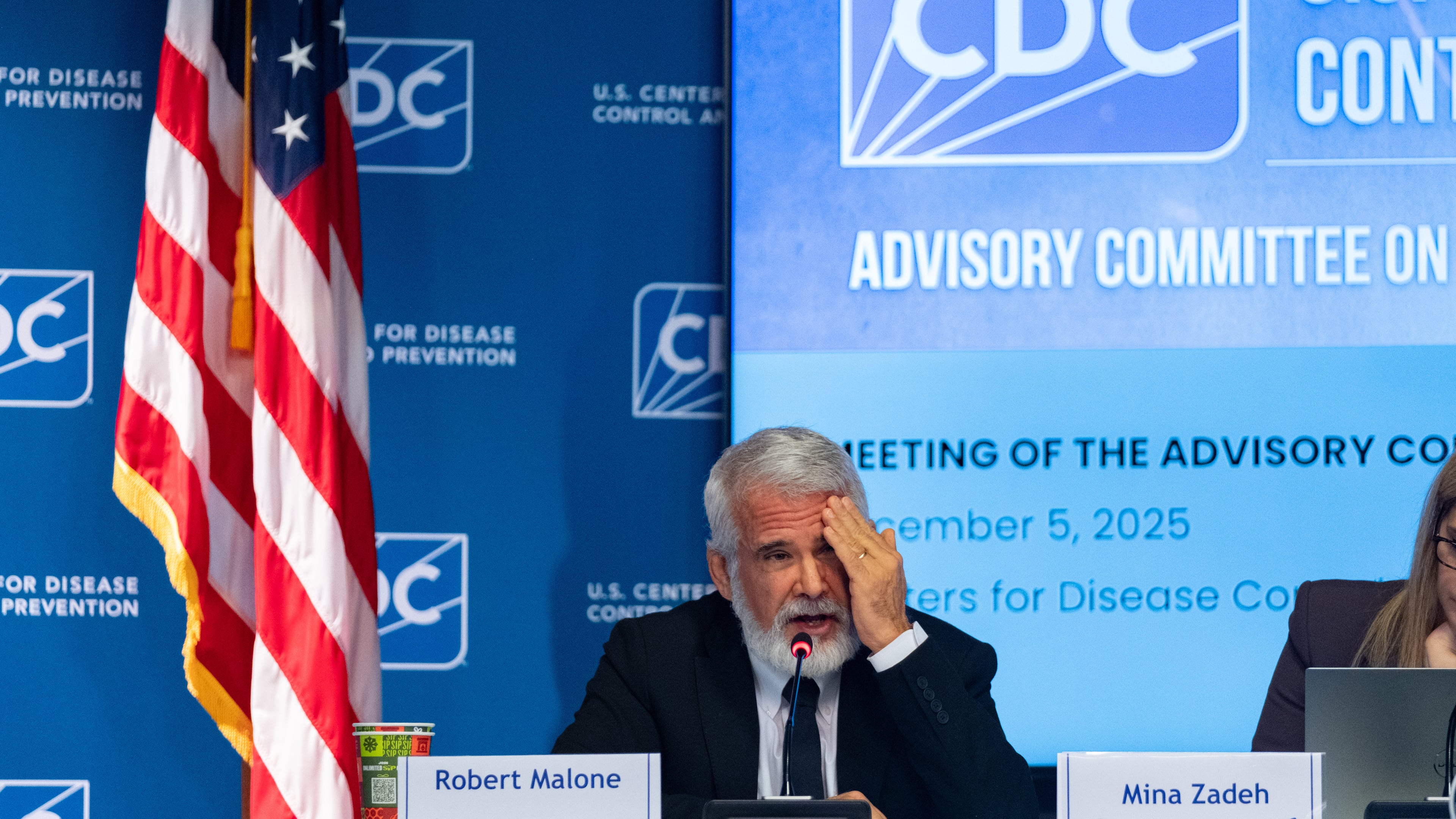 Dr. Robert Malone chairs a meeting of the CDC Advisory Committee on Immunization Practices in Atlanta on Friday, Dec. 5, 2025 to consider changes in hepatitis B vaccine recommendations for infants. (AP Photo/Ben Gray)