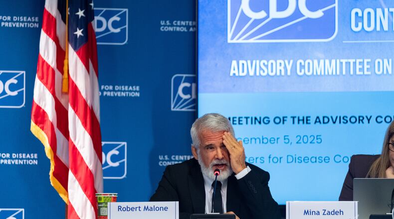 Dr. Robert Malone chairs a meeting of the CDC Advisory Committee on Immunization Practices in Atlanta on Friday, Dec. 5, 2025 to consider changes in hepatitis B vaccine recommendations for infants. (AP Photo/Ben Gray)
