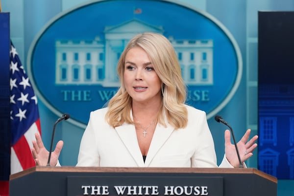 White House press secretary Karoline Leavitt speaks with reporters in the James Brady Press Briefing Room at the White House, Tuesday, April 8, 2025, in Washington. (AP Photo/Alex Brandon)