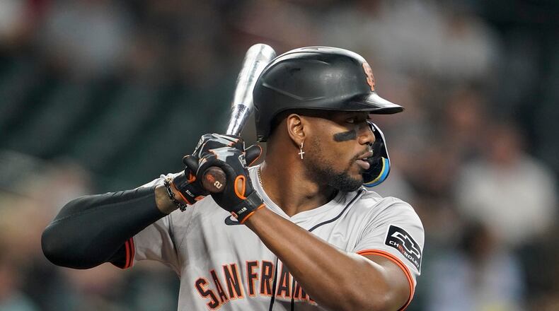 San Francisco Giants designated hitter Jorge Soler (2) during a baseball game against the Arizona Diamondbacks Wednesday, June 5, 2024, in Phoenix. (AP Photo/Darryl Webb)