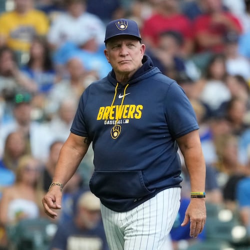 Milwaukee Brewers manager Pat Murphy looks on during the third inning of a baseball game against the Minnesota Twins, Saturday, Aug. 8, 2026, in Milwaukee. (AP Photo/Aaron Gash)