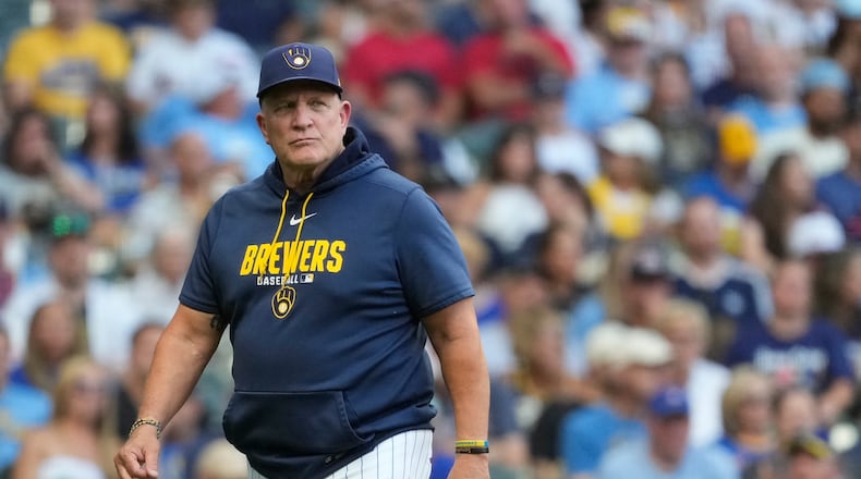 Milwaukee Brewers manager Pat Murphy looks on during the third inning of a baseball game against the Minnesota Twins, Saturday, Aug. 8, 2026, in Milwaukee. (AP Photo/Aaron Gash)