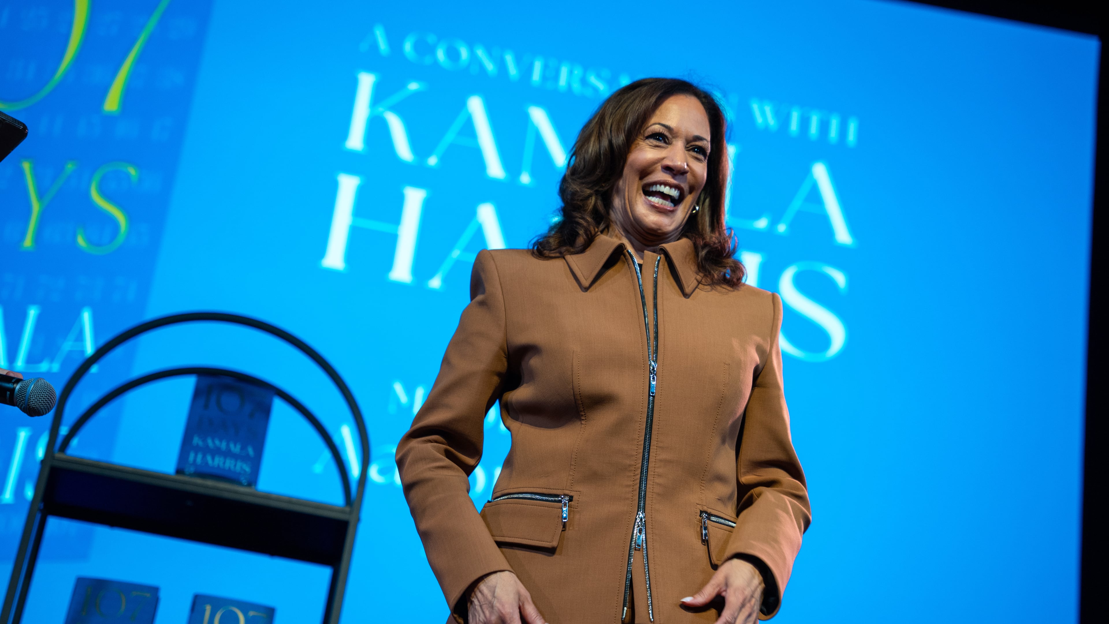 Former Vice President Kamala Harris exits the stage after the first stop of her book tour for her new book about her presidential campaign, "107 Days," at Town Hall in New York, Wednesday, Sept. 24, 2025. (AP Photo/Angelina Katsanis)