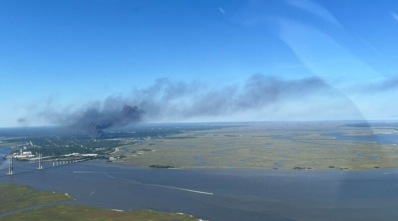Smoke from a fire that occurred at a chemical plant in Brunswick is shown on Saturday, April 16, 2023.