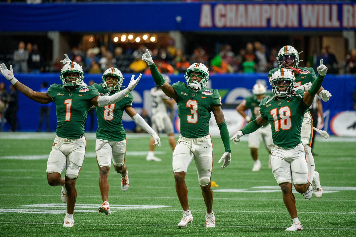 Florida A&M celebrates its victory over Howard in the Celebration Bowl at Mercedes Benz Stadium in Atlanta, Georgia on Dec. 16, 2023. (Jamie Spaar for the Atlanta Journal Constitution)