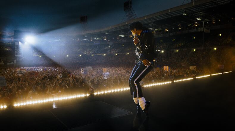 This image released by Lionsgate shows Jaafar Jackson as Michael Jackson in a scene from "Michael." (Lionsgate via AP)