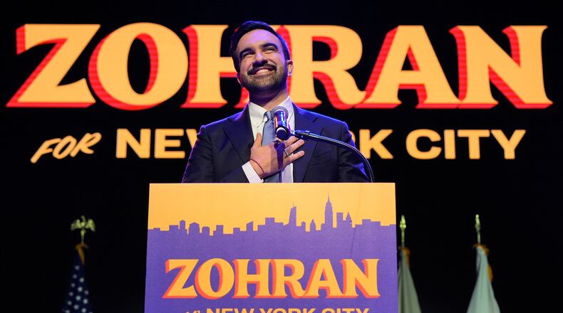 Zohran Mamdani speaks during a victory speech at a mayoral election night watch party, Tuesday, Nov. 4, 2025, in New York. (AP Photo/Yuki Iwamura)
