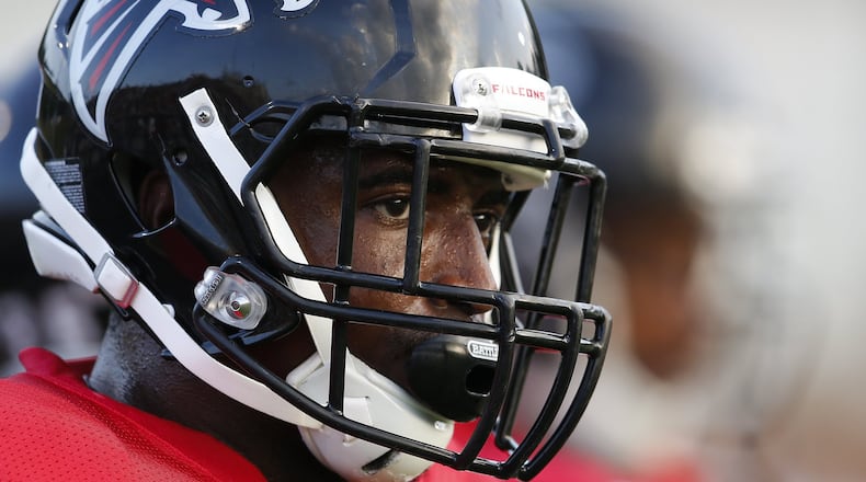 FILE - In this Aug. 5, 2016, file photo, Atlanta Falcons strong safety Keanu Neal (22) is shown during their annual Friday Night Lights NFL football practice at Grayson High School, in Loganville, Ga. Free-agent signee Dwight Freeney and rookie safety Keanu Neal are expected to make their preseason debuts for the Falcons on Thursday, Aug. 18, 2016, at Cleveland, bringing Atlanta’s defense closer to its projected regular-season status. (AP Photo/John Bazemore, File)