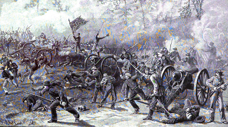 "Capture of De Gress' Battery by the Confederates" during the Battle of Atlanta, July 22, 1864. Illustration from "The Mountain Campaigns in Georgia, or War Scenes on the W&A," 1886, Atlanta.