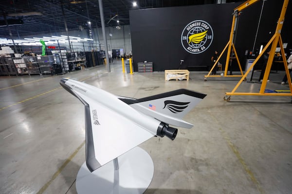 A small-scale prototype of the unmanned, high-speed aircraft Quarterhorse Mk 2 is seen at the Hermeus facility in Doraville on Tuesday, May 12, 2026. The supersonic company moved its headquarters to California, but its planes will still be manufactured in Georgia. (Miguel Martinez/AJC)