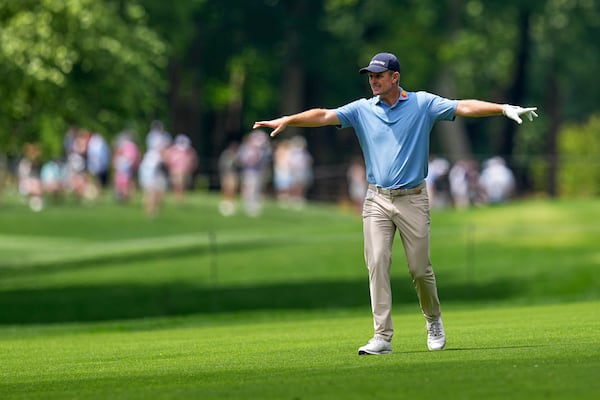 Justin Rose, of England, walks on the second hole during a practice round for the PGA Championship golf tournament at the Quail Hollow Club, Wednesday, May 14, 2025, in Charlotte, N.C. (AP Photo/David J. Phillip)