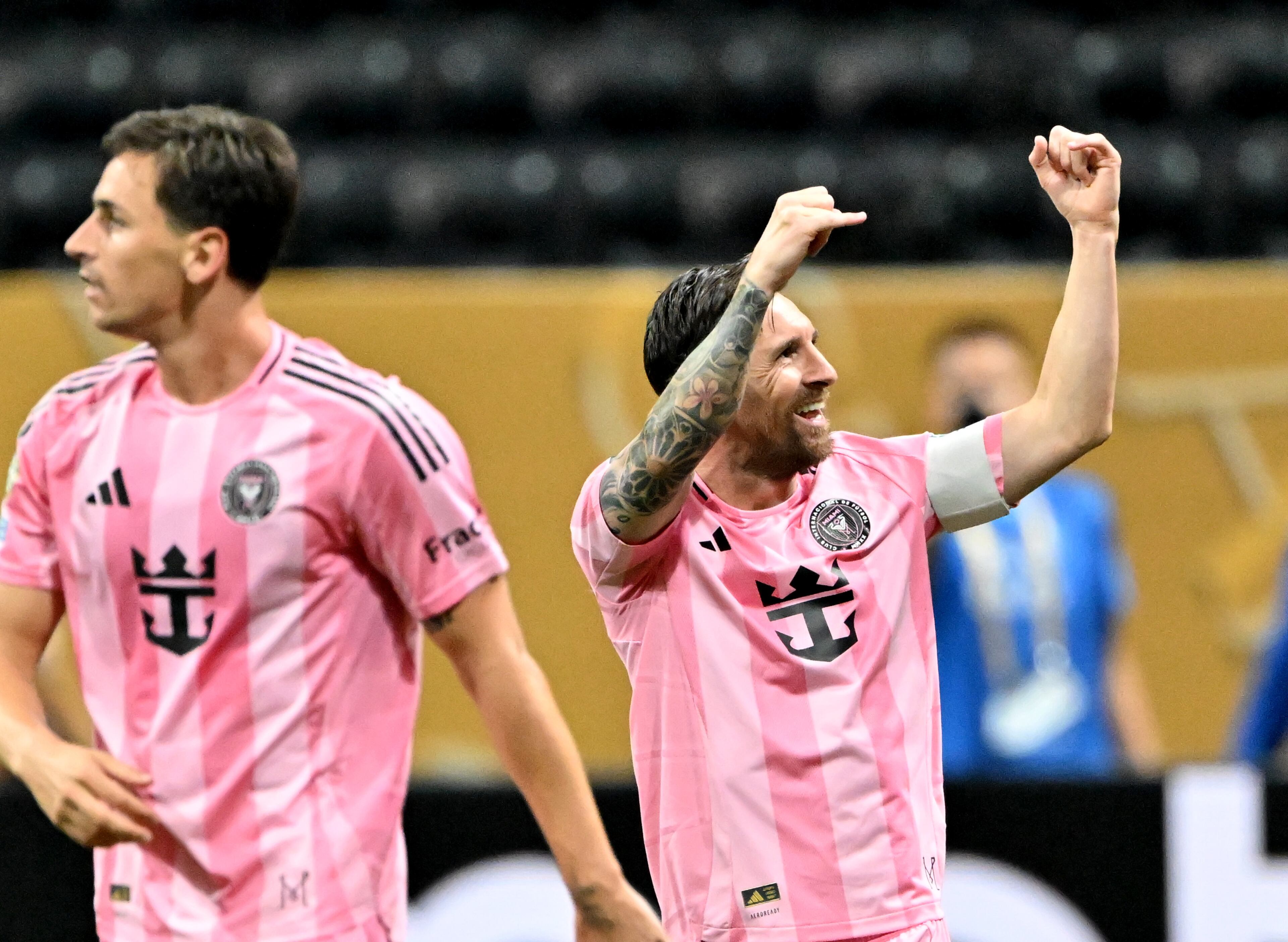 Inter Miami forward Lionel Messi (10) celebrates after scoring during Club World Cup group A soccer match at Mercedes-Benz Stadium, Thursday, June 19, 2025, in Atlanta. Inter Miami won 2-1 over FC Porto. (Hyosub Shin / AJC)