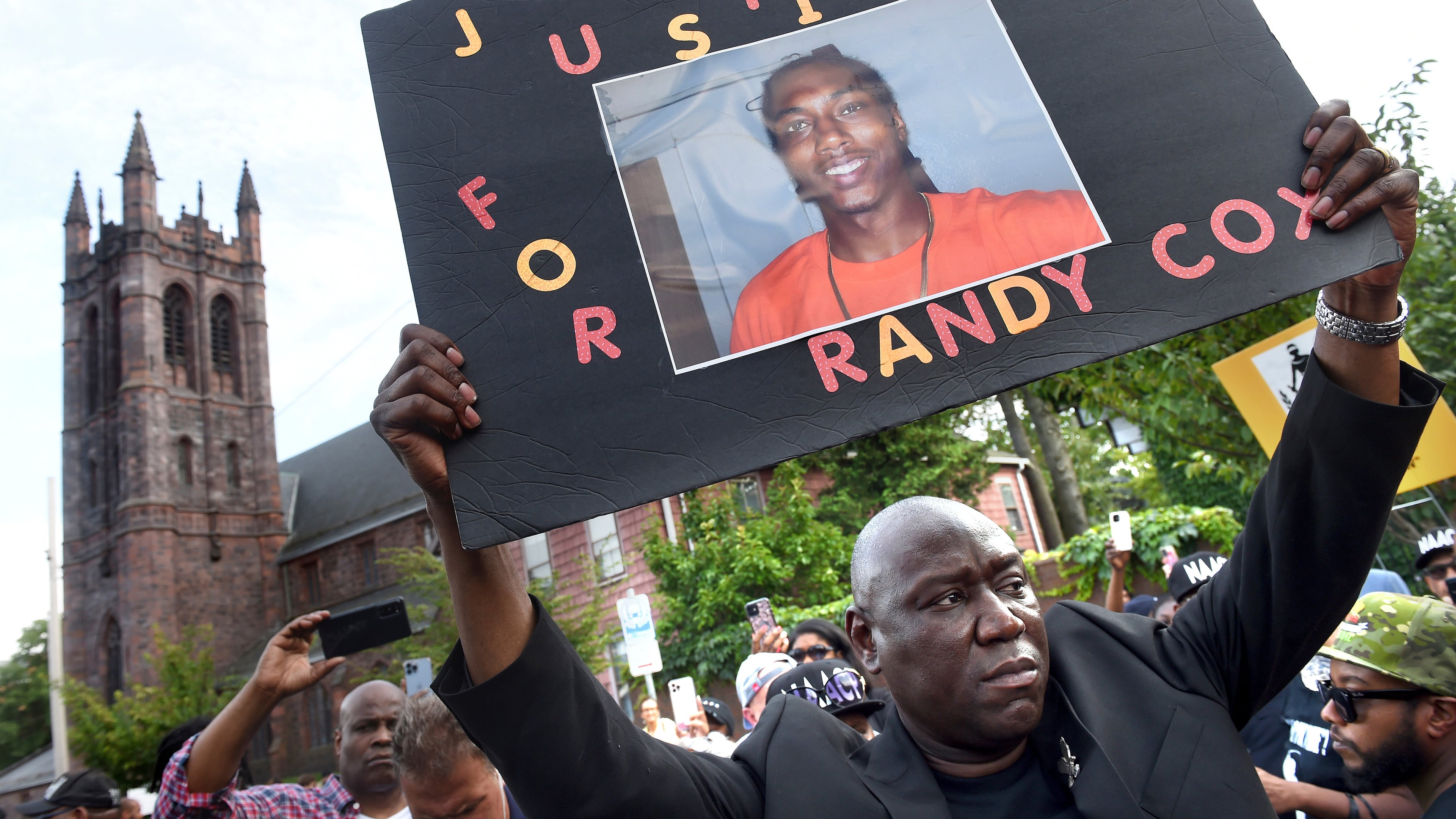 FILE - Civil rights attorney Benjamin Crump takes part in a march for justice for Richard "Randy" Cox to the New Haven Police Department on July 8, 2022, in New Haven, Conn. (Arnold Gold/New Haven Register via AP, File)
