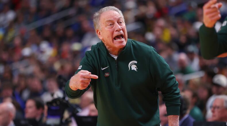 Michigan State head coach Tom Izzo reacts during the second half against Louisville in the second round of the NCAA college basketball tournament, Saturday, March 21, 2026, in Buffalo, N.Y. (AP Photo/Jeffrey T. Barnes)