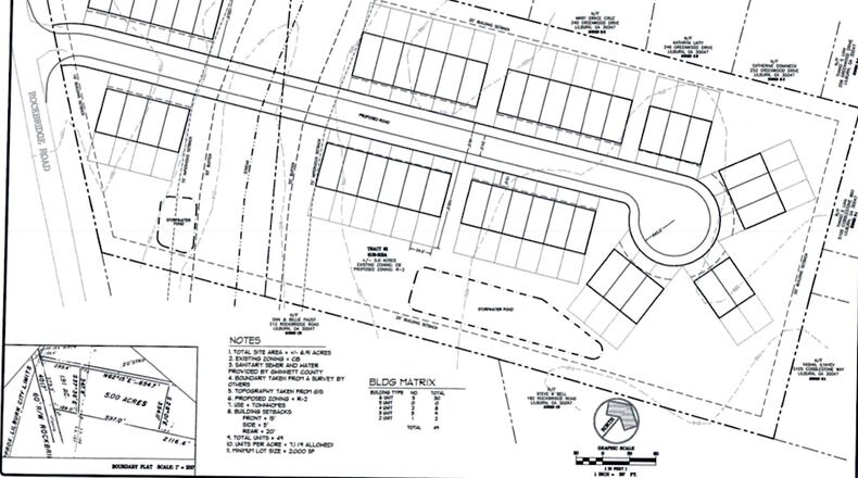 Lilburn recently approved a rezoning request to develop a residential subdivision with 49 townhomes on approximately 7 acres at 242 and 280 Rockbridge Road. Courtesy City of Lilburn