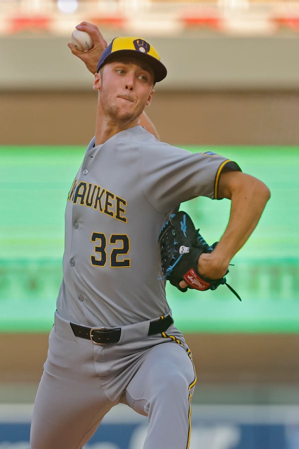 Milwaukee Brewers starting pitcher Jacob Misiorowski throws to the Minnesota Twins in the first inning of a baseball game Friday, June 20, 2025, in Minneapolis. (AP Photo/Bruce Kluckhohn)