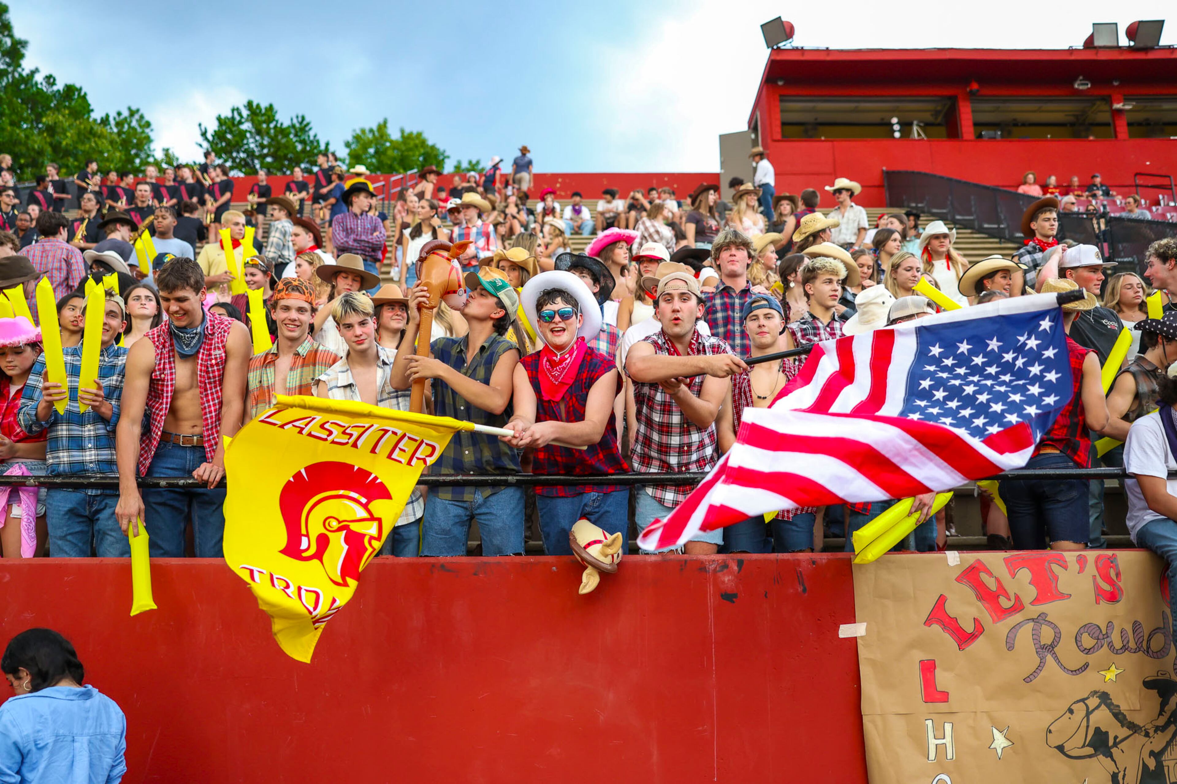 Lassiter fans cheer during their matchup against Creekview at Lassiter High School on Friday, Sept. 5, 2025, in Marietta. (Oscar Guevara Saenz for the AJC)