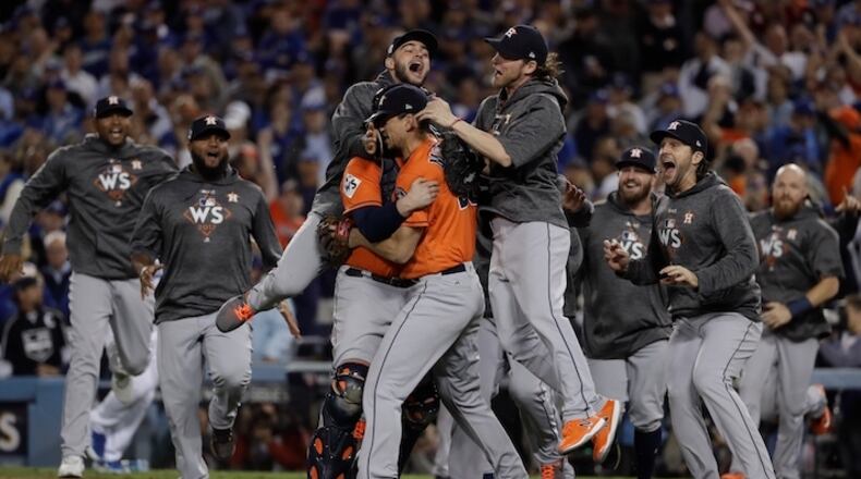 The Houston Astros celebrate after Game 7 of baseball's World Series against the Los Angeles Dodgers Wednesday, Nov. 1, 2017, in Los Angeles. The Astros won 5-1 to win the series 4-3. (AP Photo/Matt Slocum)