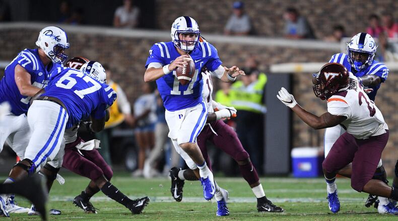 DURHAM, NC - SEPTEMBER 29: Daniel Jones #17 of the Duke Blue Devils against the Virginia Tech Hokies during their game at Wallace Wade Stadium on September 29, 2018 in Durham, North Carolina. Virginia Tech won 31-14. (Photo by Grant Halverson/Getty Images)
