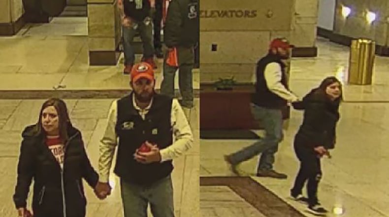 Federal authorities say still images from surveillance cameras show Charles Hand III and Mandy Robinson-Hand of Butler, Georgia, inside the U.S. Capitol during the Jan. 6, 2021, riot. Robinson-Hand, the chair of Taylor County's GOP, was recently listed as a county captain for Republican U.S. Senate candidate Herschel Walker's campaign. (Chris Joyner/Atlanta Journal-Constitution/TNS)
