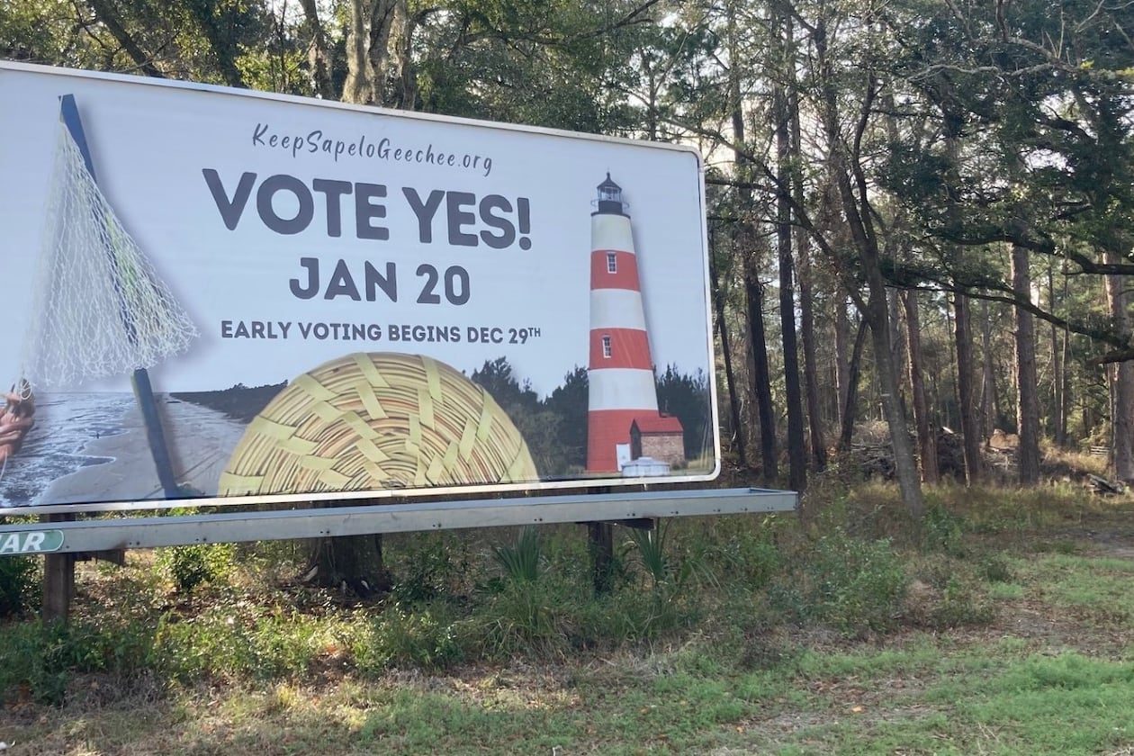 A billboard encourages voters to cast ballots in a special election stands along U.S. 17 in McIntosh County. A referendum seeking to repeal a controversial Sapelo Island zoning ordinance is the only item on the ballot. (Adam Van Brimmer/AJC)