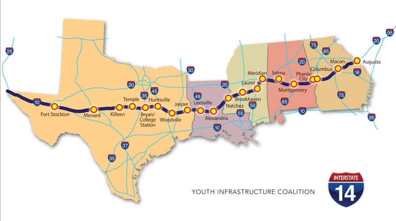 The proposed route of Interstate 14. (Courtesy of the Youth Infrastructure Coalition)