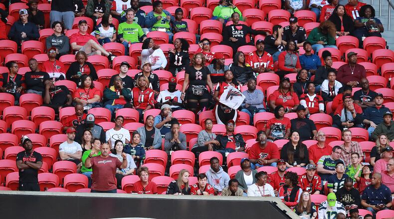 There were plenty of empty seats in Mercedes-Benz Stadium as Falcons fans watched their team fall to 1-7 with a loss to the Seahawks on Oct. 27.