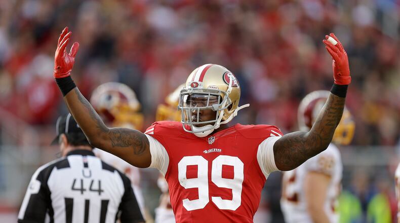 The Falcons aren't completely closing the door to former San Francisco pass rusher Aldon Smith but he likely will be suspended again by the NFL. (AP photo)