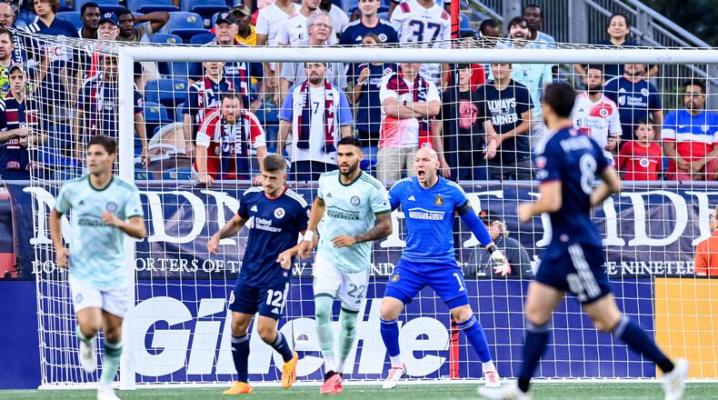 Atlanta United goalkeeper Brad Guzan #1 reacts during the match against New England Revolution at Gillette Stadium in Foxborough, MA on Wednesday July 12, 2023. (Photo by Jay Bendlin/Atlanta United)