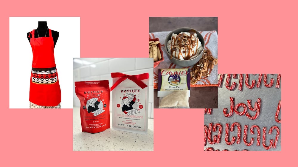 A selection of Southern-made products to try in December include reversible African print aprons (from left), Dottie's toffee, cheesecake dip mixes and handmade candy canes. (Photos courtesy of Johari Africa; Logen Belmont; Laine Randack; Lofty Pursuits)