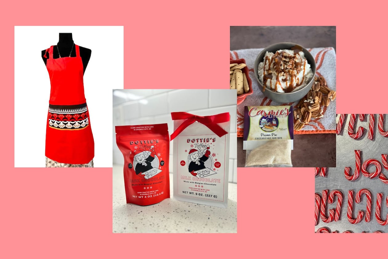 A selection of Southern-made products to try in December include reversible African print aprons (from left), Dottie's toffee, cheesecake dip mixes and handmade candy canes. (Photos courtesy of Johari Africa; Logen Belmont; Laine Randack; Lofty Pursuits)
