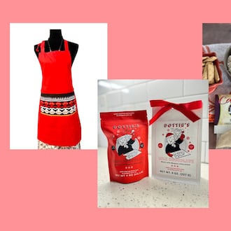 A selection of Southern-made products to try in December include reversible African print aprons (from left), Dottie's toffee, cheesecake dip mixes and handmade candy canes. (Photos courtesy of Johari Africa; Logen Belmont; Laine Randack; Lofty Pursuits)