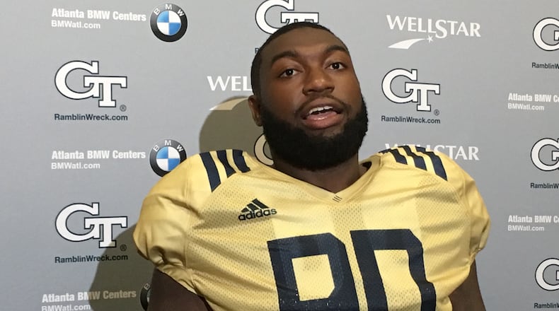 Georgia Tech defensive tackle Chris Martin speaks with media following practice August 26, 2019. Martin normally wears No. 96, but was chosen to wear No. 90, the number of the late Brandon Adams, for Tech's season opener against Clemson. (AJC photo by Ken Sugiura)