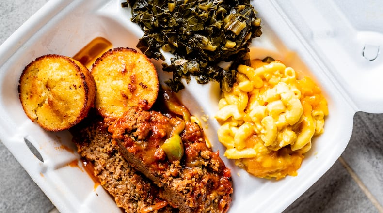 Meatloaf with collard greens and mac and cheese from K&K Soul Food is a hearty meal.