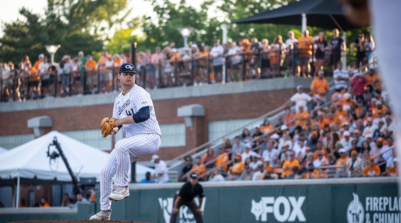 Georgia Tech pitcher Zach Maxwell pitched six innings for the Yellow Jackets in the team's 9-6 loss to Tennessee in an NCAA regional championship June 5, 2022 in Knoxville, Tenn. (Georgia Tech Athletics/Gage Jenkins)