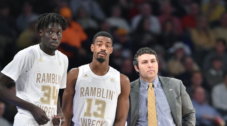Georgia Tech coach Josh Pastner stands with Georgia Tech forward Abdoulaye Gueye (34) and Georgia Tech guard Curtis Haywood II (13)  in the first half at Georgia Tech's McCamish Pavilion on Saturday, December 22, 2018. Georgia won 70-59 over Georgia Tech. HYOSUB SHIN / HSHIN@AJC.COM