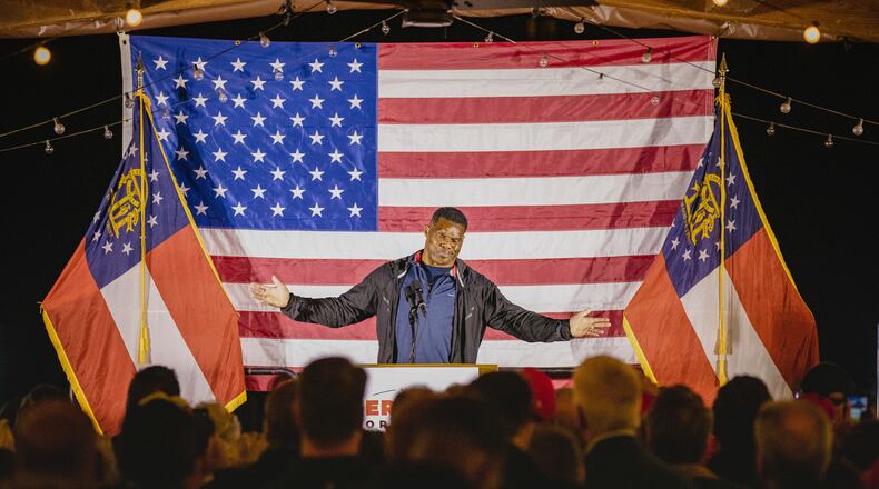 Herschel Walker, the Republican candidate in Georgia’s Senate runoff, appears during a campaign event in Cumming, Ga. on Monday, Nov. 28, 2022. Walker revealed in a financial disclosure statement that his Atlanta residence was being used as a rental property as recently as 2021, despite his claims that it has been his longtime home. (Dustin Chambers/The New York Times)
