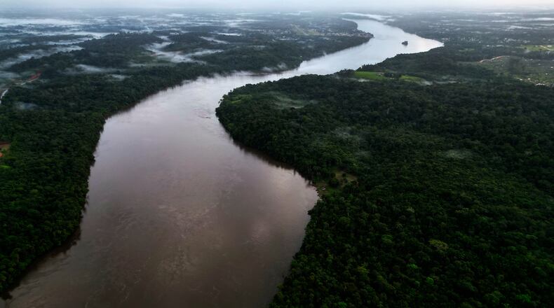 FILE - Trees line the Oiapoque River on the border between Brazil and French Guiana, in Oiapoque, Amapa state, Brazil, March 10, 2026. (AP Photo/Eraldo Peres, File)
