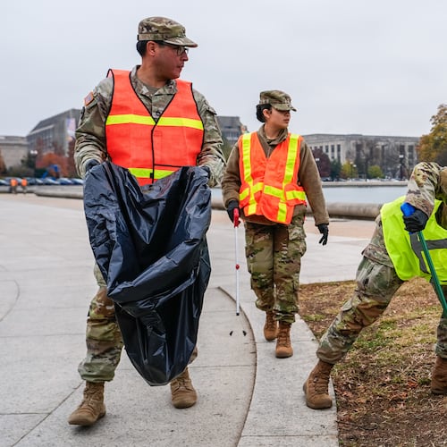 Members of the District of Columbia National Guard pick up trash by the Capitol reflecting pool, Friday, Nov. 21, 2025, in Washington. (AP Photo/Julia Demaree Nikhinson)