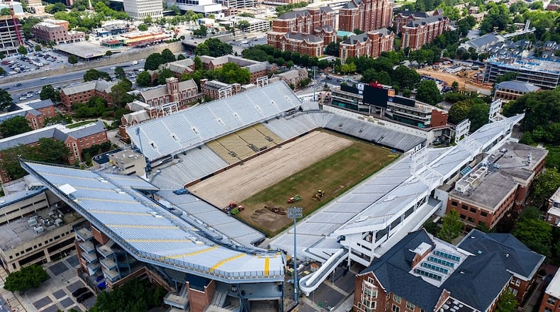 Work began in late May 2020 on changing the playing surface at Georgia Tech's Bobby Dodd Stadium from natural grass to artificial turf. The new surface on Grant Field is expected to be ready for the start of Tech's football season Sept. 3. (Georgia Tech Athletics/Danny Karnik)