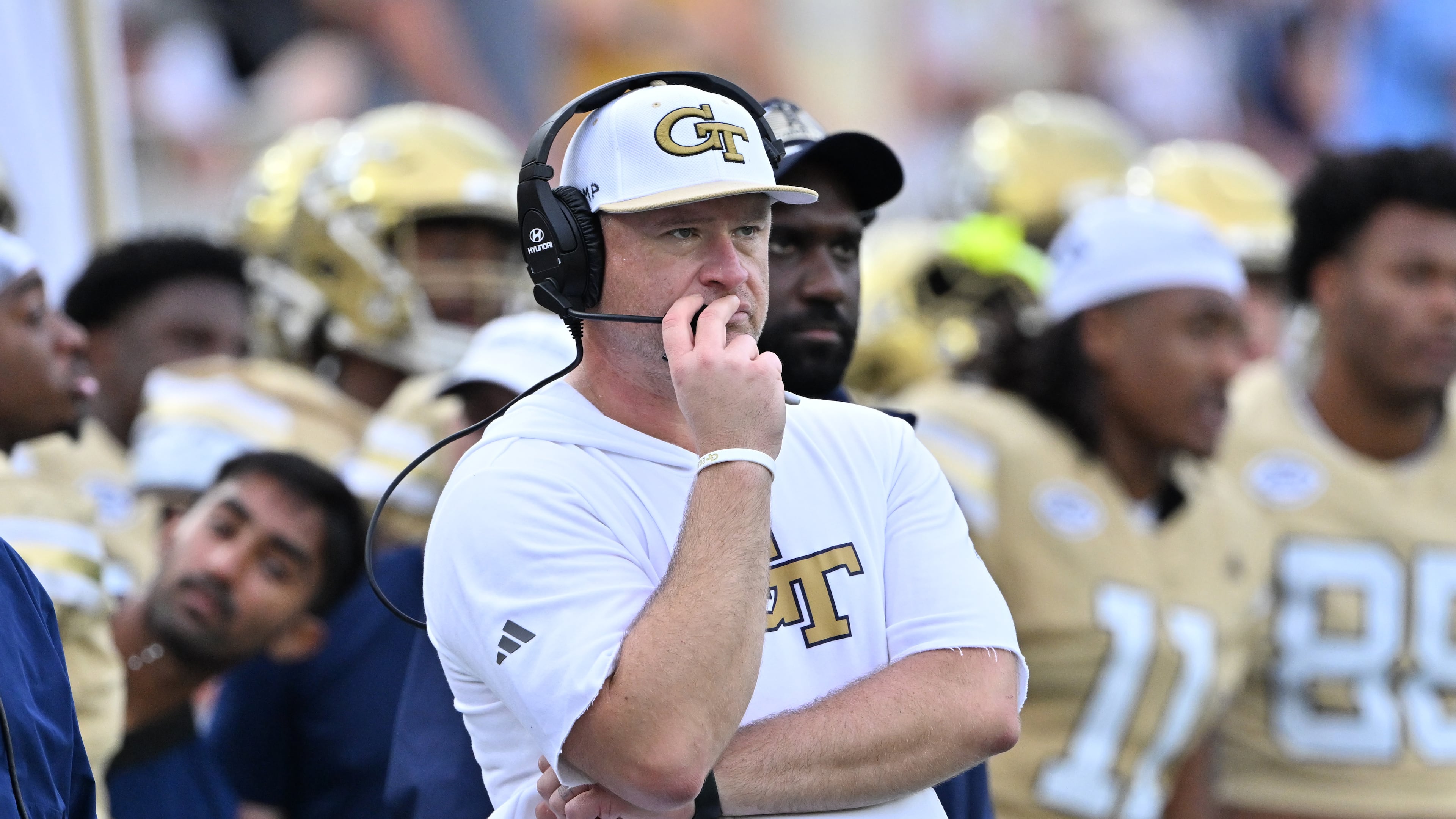 Georgia Tech head coach Brent Key reacts during the second half of an NCAA college football game at Georgia Tech's Bobby Dodd Stadium, Saturday, Sept. 6, 2025 in Atlanta. Georgia Tech won 59-12 over Gardner-Webb. (Hyosub Shin/AJC)