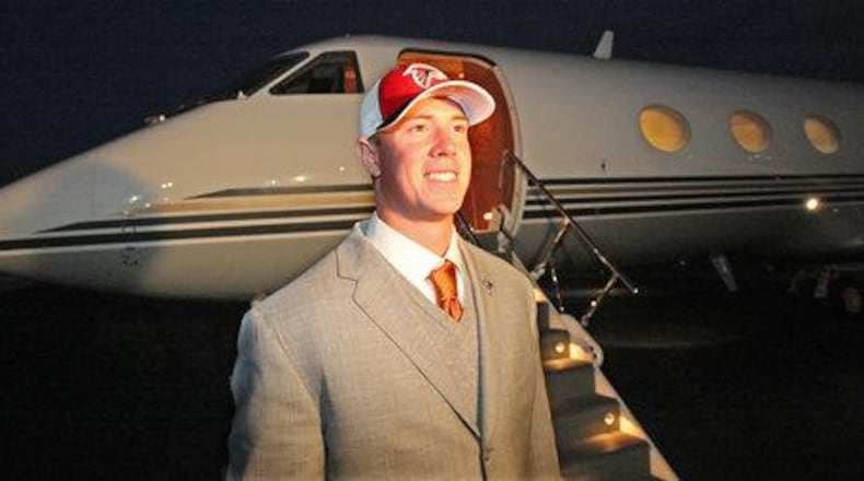 Matt Ryan arrived in Falcons owner Arthur Blank's personal jet at the Lee Gilmer Memorial Airport in Gainesville after the team picked the Boston College star No. 3 overall in the NFL Draft on Saturday, April 26, 2008. Ryan was headed to his new team's headquarters in Flowery Branch. The team uses Blank’s jet, likely a newer one now, to help prepare for the NFL draft. (By Curtis Compton/ccompton@ajc.com)