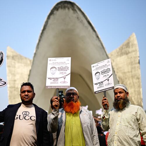 Supporters of Bangladesh's National Citizen Party hold a campaign rally ahead of next month's national elections in Dhaka, Bangladesh, Thursday, Jan. 22, 2026. (AP Photo/Mahmud Hossain Opu)