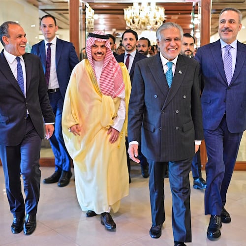 In this photo released by the Pakistan Ministry of Foreign Affairs, from left, Egyptian Foreign Minister Badr Abdelatty, Saudi Arabia's Foreign Minister Prince Faisal bin Farhan Al-Saud, Pakistan's Foreign Minister Ishaq Dar and Turkish Foreign Minister Hakan Fidan walk prior to their meeting to discuss the Middle East war, in Islamabad, Pakistan, Sunday, March 29, 2026. (Pakistan Ministry of Foreign Affairs via AP)