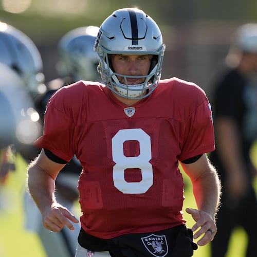 Las Vegas Raiders quarterback Kirk Cousins (8) warms up during practice at the team's NFL football training camp Tuesday, Aug. 4, 2026, in Henderson, Nev. (AP Photo/John Locher)