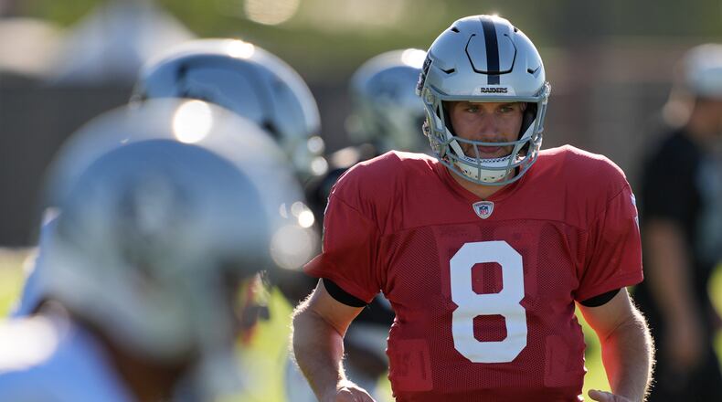 Las Vegas Raiders quarterback Kirk Cousins (8) warms up during practice at the team's NFL football training camp Tuesday, Aug. 4, 2026, in Henderson, Nev. (AP Photo/John Locher)