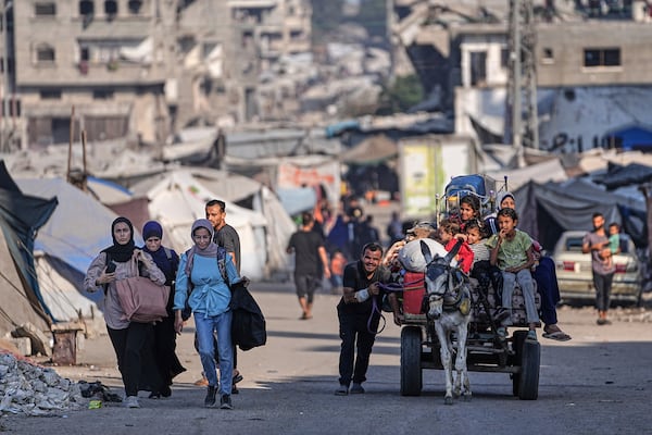 Displaced Palestinians flee Jabalia after the Israeli army issued evacuation orders in Gaza City, June 29, 2025. (AP Photo/Jehad Alshrafi)