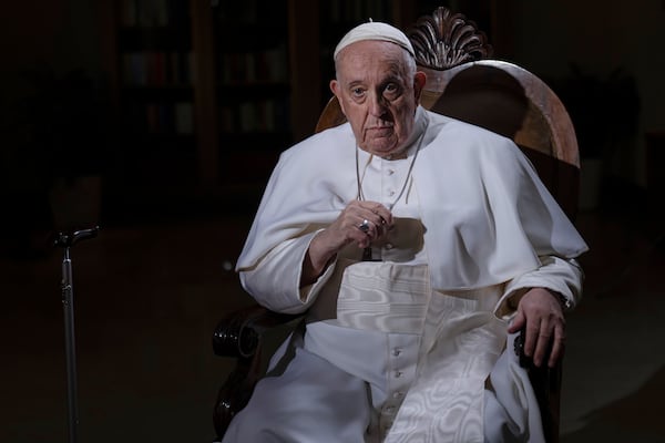 FILE - Pope Francis pauses during an interview with The Associated Press at The Vatican, Tuesday, Jan. 24, 2023. (AP Photo/Domenico Stinellis, File)