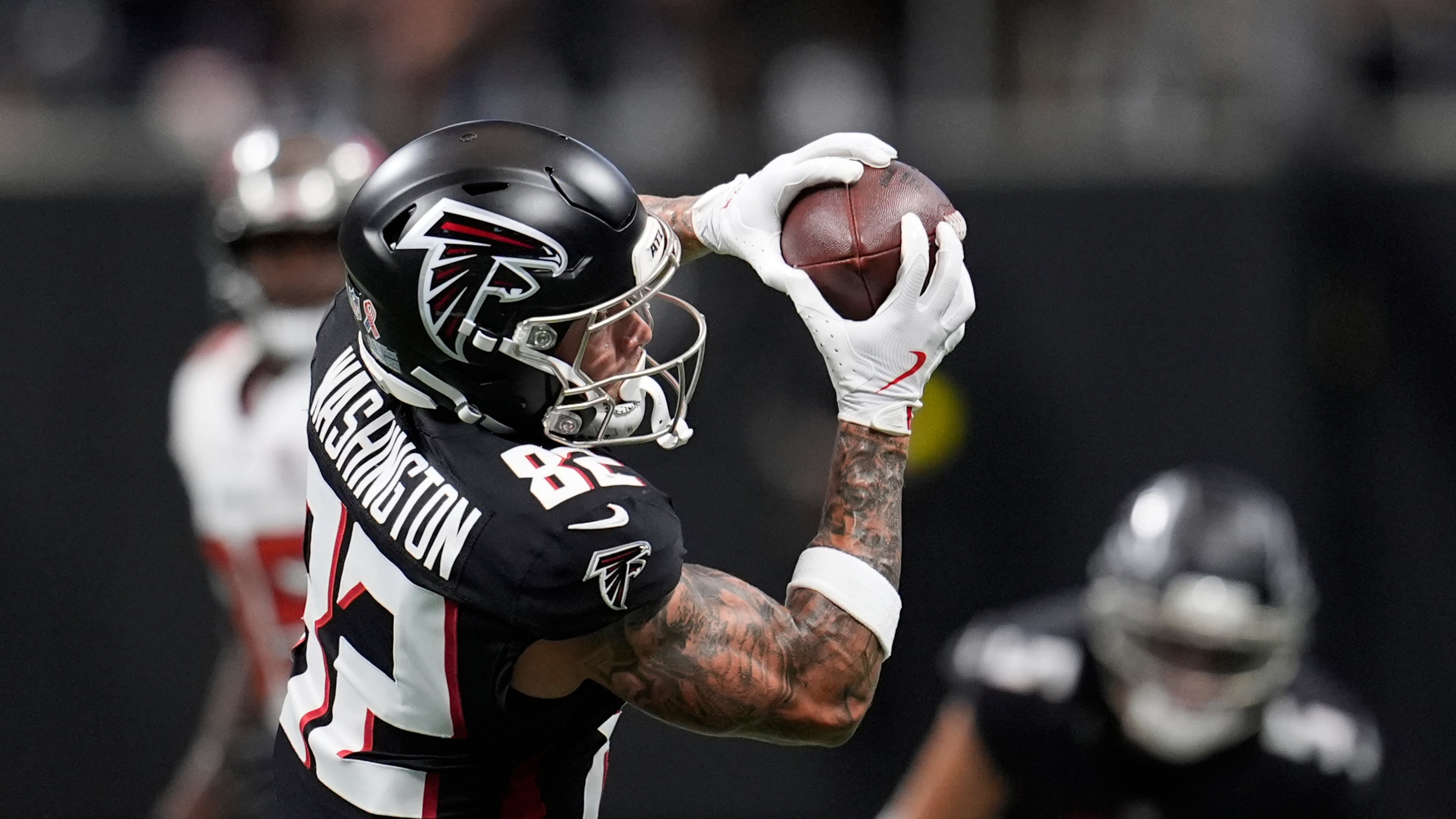 Atlanta Falcons wide receiver Casey Washington completes a catch during the first half of an NFL football game against the Tampa Bay Buccaneers, Sunday, Sept. 7, 2025, in Atlanta. (Mike Stewart/AP)