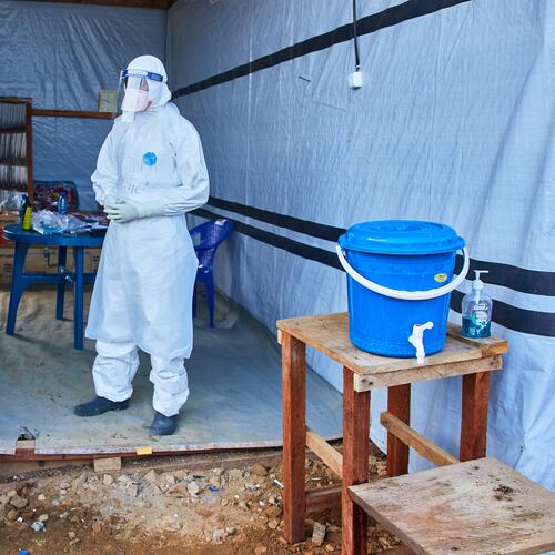 A health worker stands at the Evangelical Medical Center, in Bunia, eastern Congo, Friday, July 3, 2026, where Ebola clinical trials are scheduled to take place. (AP Photo/Dirole Lotsima Dieudonne)